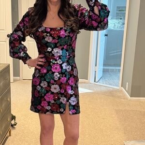 Dress the Population Elvie Sequin Long Sleeve Mini Dress in Black Multi